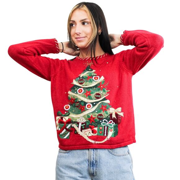 Christmas Tree Sweater - S / Vintage Ugly Christmas Sweatshirt / Holiday / Party - Picture 3 of 4
